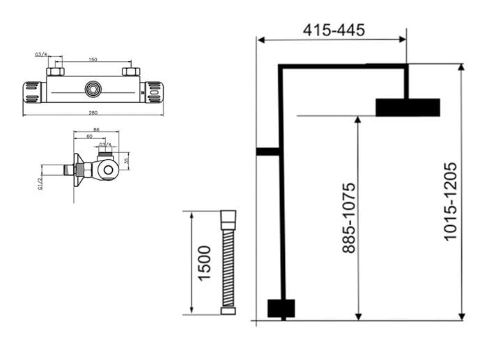 NOVASERVIS AQUAMAT sprchový set s termostatickou batériou, horná sprcha, ručná sprcha s 3 prúdmi, teleskopická tyč, hadica, chróm SADA2661 Technický nákres
