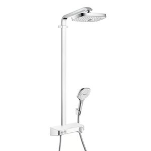 HANSGROHE RAINDANCE SELECT E SHOWERPIPE 300 sprchový set s termostatickou batériou, horná sprcha, ručná sprcha s 3 prúdmi, tyč, hadica, držiak, biela/chróm