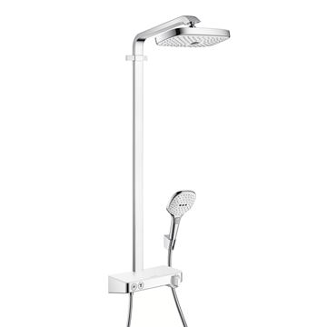 HANSGROHE RAINDANCE SELECT E SHOWERPIPE 300 sprchový set s termostatickou batériou, horná sprcha, ručná sprcha s 3 prúdmi, tyč, hadica, držiak, biela/chróm