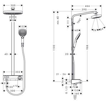 HANSGROHE RAINDANCE SELECT E SHOWERPIPE 300 sprchový set s termostatickou batériou, horná sprcha, ručná sprcha s 3 prúdmi, tyč, hadica, držiak, biela/chróm 27126400 Technický nákres