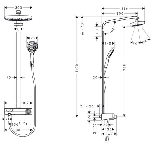 HANSGROHE RAINDANCE SELECT E SHOWERPIPE 300 sprchový set s termostatickou batériou, horná sprcha, ručná sprcha s 3 prúdmi, tyč, hadica, držiak, biela/chróm 27126400 Technický nákres
