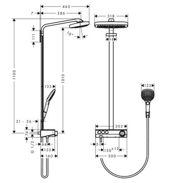 HANSGROHE RAINDANCE SELECT E SHOWEPIPE 300 sprchový set s termostatickou batériou, horná sprcha, ručná sprcha s 3 prúdmi, tyč, hadica, držiak, chróm 27127000 Technický nákres