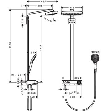 HANSGROHE RAINDANCE SELECT E SHOWERPIPE 300 sprchový set s termostatickou batériou, horná sprcha, ručná sprcha s 3 prúdmi, tyč, hadica, držiak, biela/chróm 27127400 Technický nákres