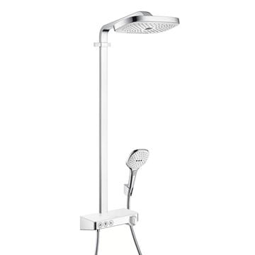 HANSGROHE RAINDANCE SELECT E SHOWERPIPE 300 sprchový set s termostatickou batériou, horná sprcha, ručná sprcha s 3 prúdmi, tyč, hadica, držiak, biela/chróm