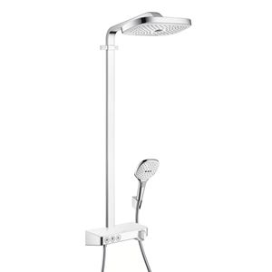 HANSGROHE RAINDANCE SELECT E SHOWERPIPE 300 sprchový set s termostatickou batériou, horná sprcha, ručná sprcha s 3 prúdmi, tyč, hadica, držiak, biela/chróm