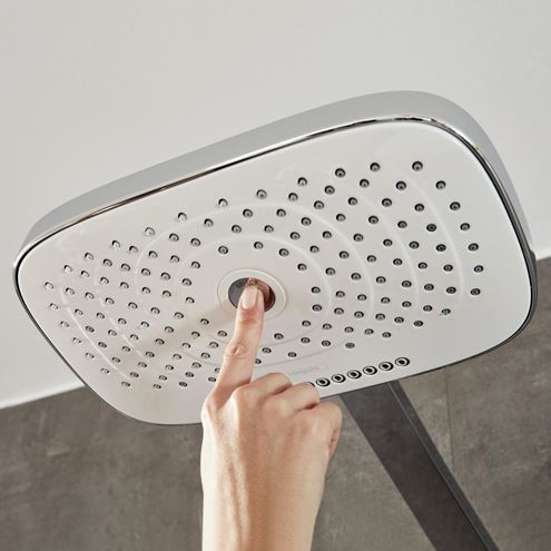 HANSGROHE RAINDANCE SELECT E SHOWERPIPE 300 sprchový set s termostatickou batériou, horná sprcha, ručná sprcha s 3 prúdmi, tyč, hadica, držiak, biela/chróm 27127400 Obrázek - fotka
