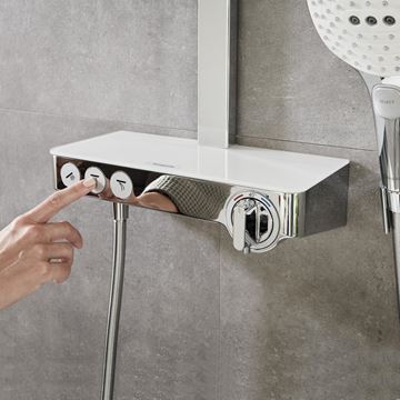 HANSGROHE RAINDANCE SELECT E SHOWERPIPE 300 sprchový set s termostatickou batériou, horná sprcha, ručná sprcha s 3 prúdmi, tyč, hadica, držiak, biela/chróm 27127400 Obrázek - fotka