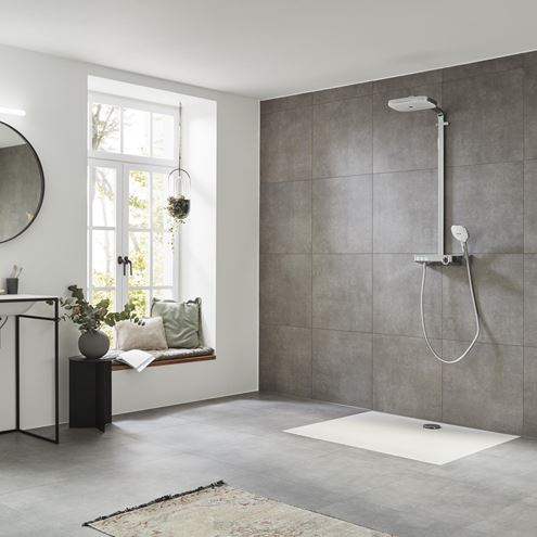 HANSGROHE RAINDANCE SELECT E SHOWERPIPE 300 sprchový set s termostatickou batériou, horná sprcha, ručná sprcha s 3 prúdmi, tyč, hadica, držiak, biela/chróm 27127400 Obrázek - fotka