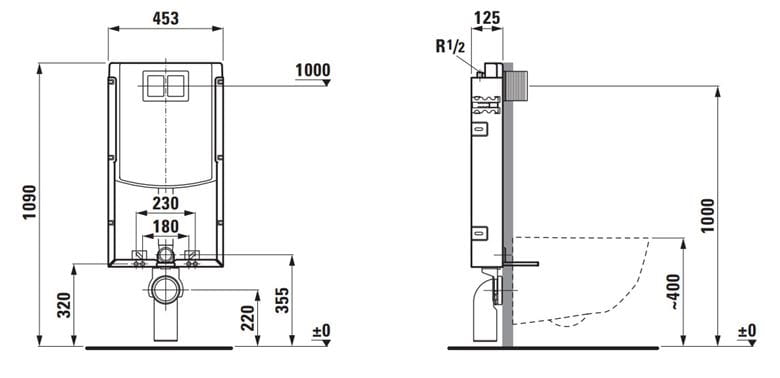LAUFEN INEO TW102 montážny prvok pre WC 109 cm, so splachovacou nádržkou H9261020000001 Technický nákres