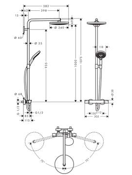 HANSGROHE RAINDANCE SELECT S SHOWEPIPE 240 sprchový set s termostatickou batériou, horná sprcha, ručná sprcha s 3 prúdmi, tyč, hadica, biela/chróm 27129400 Technický nákres