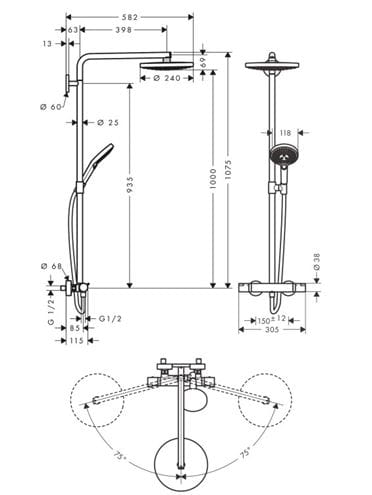 HANSGROHE RAINDANCE SELECT S SHOWEPIPE 240 sprchový set s termostatickou batériou, horná sprcha, ručná sprcha s 3 prúdmi, tyč, hadica, biela/chróm 27129400 Technický nákres