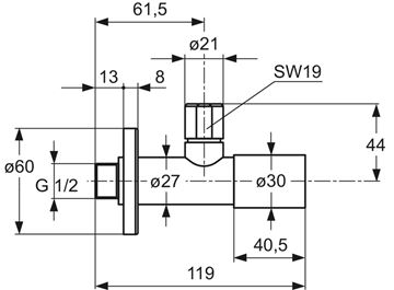 IDEAL STANDARD MULTISUITE rohový ventil 1/2"x1/2", chróm A2129AA Technický nákres