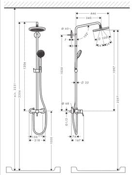 HANSGROHE CROMA SHOWERPIPE 220 sprchový set s batériou, horná sprcha, ručná sprcha so 4 prúdmi, chróm 27222000 Technický nákres