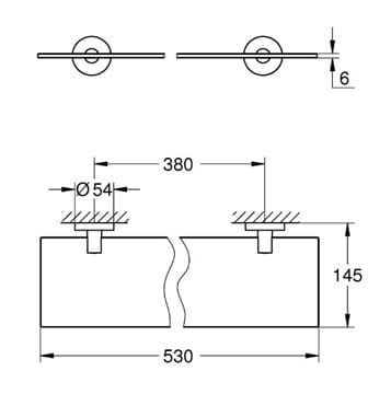 GROHE ESSENTIALS polica 530 mm, nástenná, sklo, chróm 40799001 Technický nákres