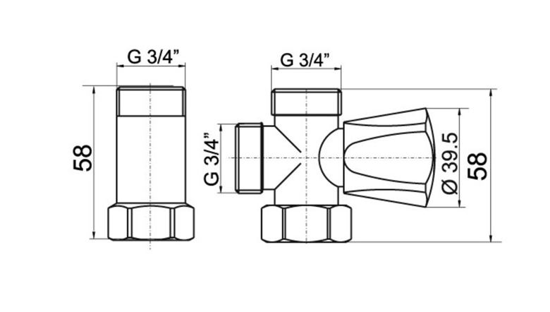 EASY práčkový ventil 3/4"x3/4"x3/4", chróm EAS.3019.CF Technický nákres