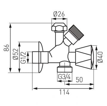 EASY kombinovaný rohový ventil 1/2"x3/8"x3/4", chróm EAS.5104.CF Technický nákres