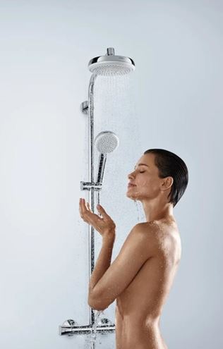 HANSGROHE CROMETTA SHOWERPIPE 160 sprchový set s termostatom, hlavová sprcha, ručná sprcha, tyč, hadica, biela/chróm 27264400 Obrázek - fotka