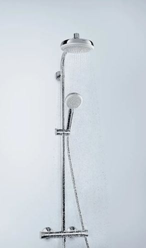 HANSGROHE CROMETTA SHOWERPIPE 160 sprchový set s termostatom, hlavová sprcha, ručná sprcha, tyč, hadica, biela/chróm 27264400 Obrázek - fotka