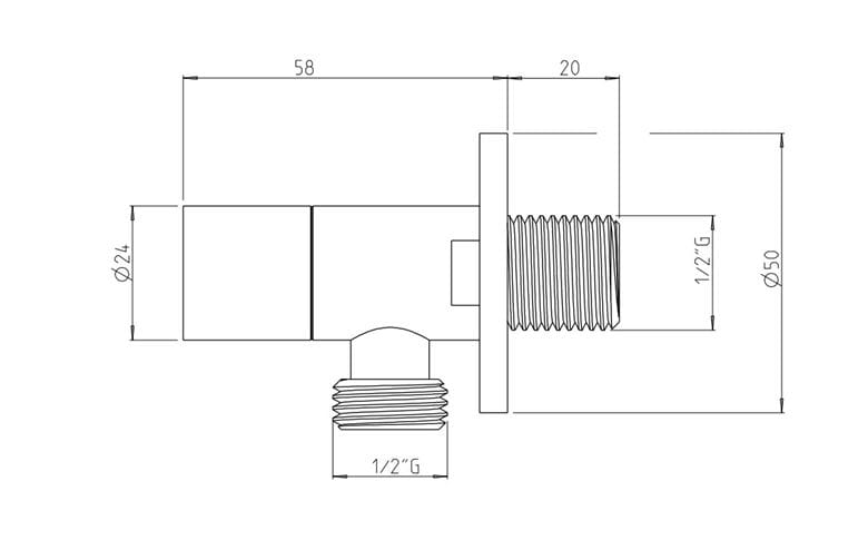 RAF rohový ventil 1/2"x1/2", chróm RV1310 Technický nákres
