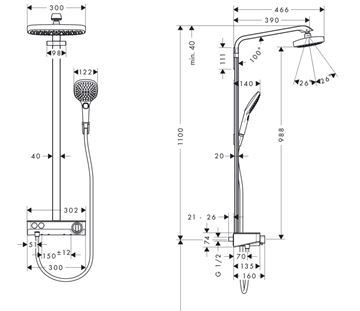 HANSGROHE RAINDANCE SELECT E SHOWERPIPE 300 sprchový set s termostatickou batériou, horná sprcha, ručná sprcha s 3 prúdmi, tyč, hadica, EcoSmart, chróm 27283000 Technický nákres