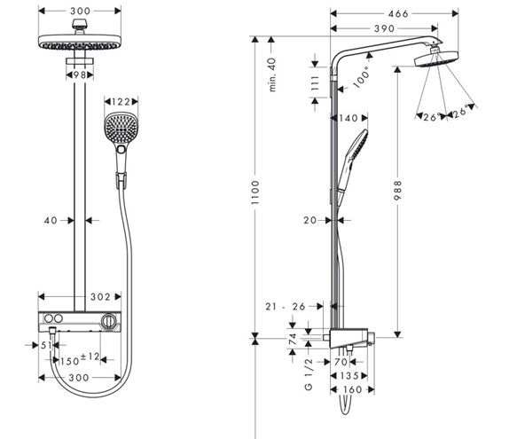 HANSGROHE RAINDANCE SELECT E SHOWERPIPE 300 sprchový set s termostatickou batériou, horná sprcha, ručná sprcha s 3 prúdmi, tyč, hadica, EcoSmart, chróm 27283000 Technický nákres