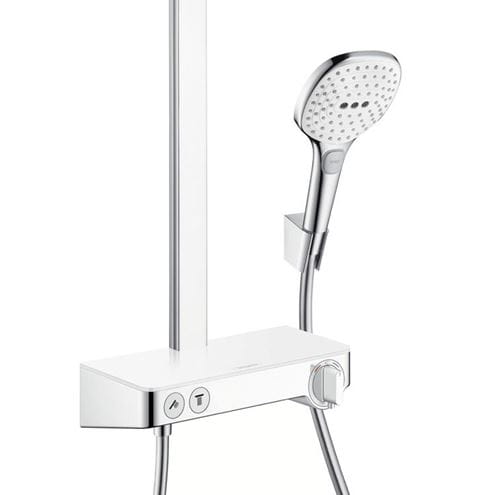 HANSGROHE RAINDANCE SELECT E SHOWERPIPE 300 sprchový set, horná sprcha, ručná sprcha s 3 prúdmi, tyč, hadica, EcoSmart, biela/chróm 27283400 Obrázek - fotka