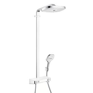 HANSGROHE RAINDANCE SELECT E SHOWERPIPE 300 sprchový set, horná sprcha, ručná sprcha s 3 prúdmi, tyč, hadica, EcoSmart, biela/chróm