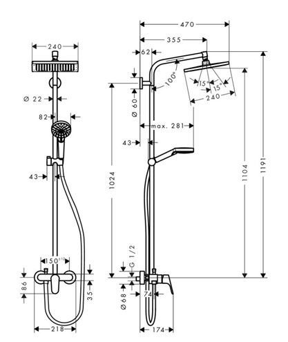 HANSGROHE CROMETTA E SHOWERPIPE 240 sprchový set s batériou, horná sprcha, ručná sprcha s 2 prúdmi, tyč, hadica, chróm 27284000 Technický nákres
