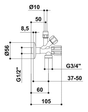 RAF kombinovaný rohový ventil 1/2"x3/8"x3/4", chróm RV1316 Technický nákres
