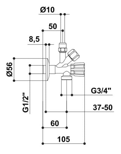 RAF kombinovaný rohový ventil 1/2"x3/8"x3/4", chróm RV1316 Technický nákres