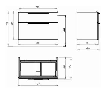 KOLO TRAFFIC skrinka pod umývadlo 86,8x46,1x62,5 cm, závesná, 2 zásuvky, lesklá biela 89437000 Technický nákres