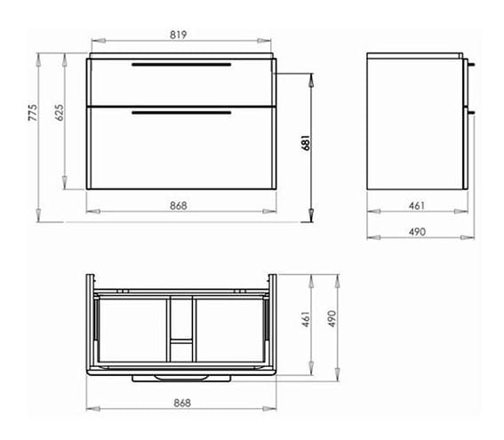 KOLO TRAFFIC skrinka pod umývadlo 86,8x46,1x62,5 cm, závesná, 2 zásuvky, lesklá biela 89437000 Technický nákres