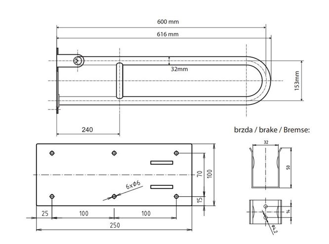 BEMETA HELP sklopné madlo 616 mm, nerez oceľ 301102071 Technický nákres