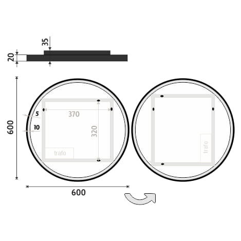 NIMCO ZP 28000 zrkadlo 60 cm, s osvetlením ZPC 28000R-90 Technický nákres