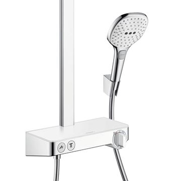 HANSGROHE RAINDANCE E SHOWERPIPE 360 sprchový set s termostatickou batériou, horná sprcha, ručná sprcha s 3 prúdmi, tyč, hadica, biela/chróm 27288400 Obrázek - fotka