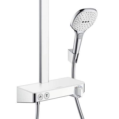 HANSGROHE RAINDANCE E SHOWERPIPE 360 sprchový set s termostatickou batériou, horná sprcha, ručná sprcha s 3 prúdmi, tyč, hadica, biela/chróm 27288400 Obrázek - fotka