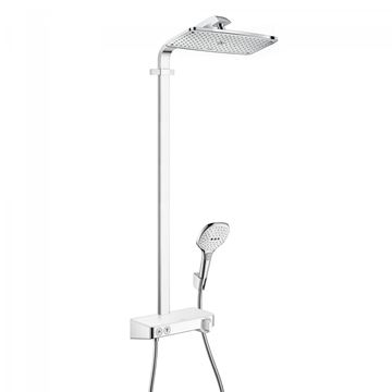 HANSGROHE RAINDANCE E SHOWERPIPE 360 sprchový set s termostatickou batériou, horná sprcha, ručná sprcha s 3 prúdmi, tyč, hadica, biela/chróm