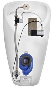 SANELA pisoár Golem s automatickým splachovačom, napájanie z batérie, zadný prívod vody, Bluetooth ovládanie