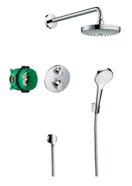 HANSGROHE CROMA SELECT S 180 sprchový set s termostatickou podomietkovou batériou, horná sprcha s 2 prúdmi, ručná sprcha, hadica, kolienko, držiak, chróm
