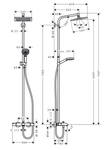 HANSGROHE CROMETTA E SHOWERPIPE 240 vaňová termostatická batéria, s hlavovou a ručnou sprchou, chróm 27298000 Technický nákres