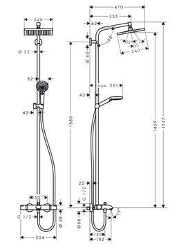 HANSGROHE CROMETTA E SHOWERPIPE 240 vaňová termostatická batéria, s hlavovou a ručnou sprchou, chróm 27298000 Technický nákres
