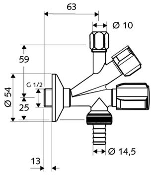 SCHELL COMFORT kombinovaný rohový ventil 1/2"x3/8"x3/4", s filtrom, chróm 035600699 Technický nákres