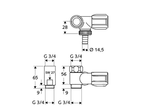 SCHELL COMFORT práčkový ventil 3/4"x3/4"x3/4", chróm 033240699 Technický nákres