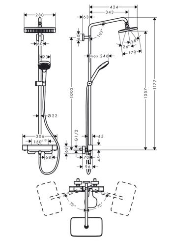 HANSGROHE CROMA E SHOWERPIPE 280 sprchový set s termostatickou batériou, horná sprcha, ručná sprcha s 3 prúdmi, tyč, hadica, chróm 27630000 Technický nákres