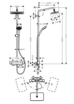 HANSGROHE CROMA E SHOWERPIPE 280 sprchový set s termostatickou batériou, horná sprcha, ručná sprcha s 3 prúdmi, tyč, hadica, chróm 27630000 Technický nákres