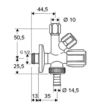 SCHELL COMFORT kombinovaný rohový ventil 1/2"x3/8"x3/4", chróm 035510699 Technický nákres