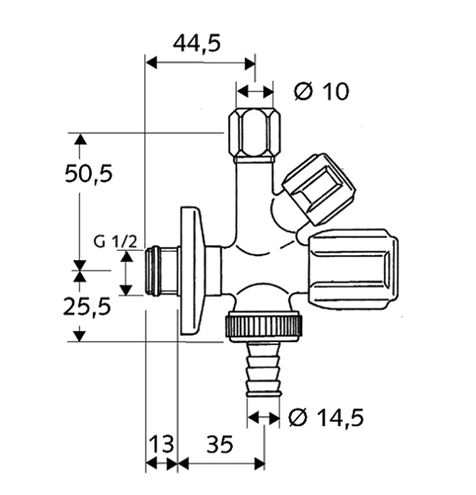 SCHELL COMFORT kombinovaný rohový ventil 1/2"x3/8"x3/4", chróm 035510699 Technický nákres