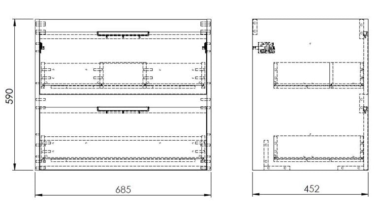 ROCA ALPINE skrinka pod umývadlo 68,5x59x45,2 cm, 2 zásuvky, svetlý dub A857864464 Technický nákres