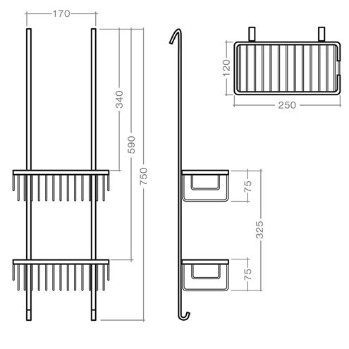 ROTH SHELF UNI drôtená polica 250 mm, dvojposchodová, na sprchovací kút, chróm 8000279 Technický nákres
