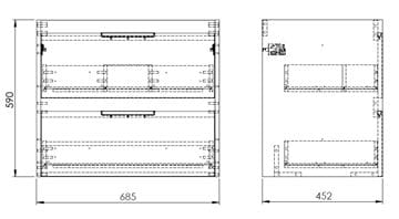 ROCA ALPINE skrinka pod umývadlo 68,5x59x45,2 cm, 2 zásuvky, lesklá biela A857864806 Technický nákres
